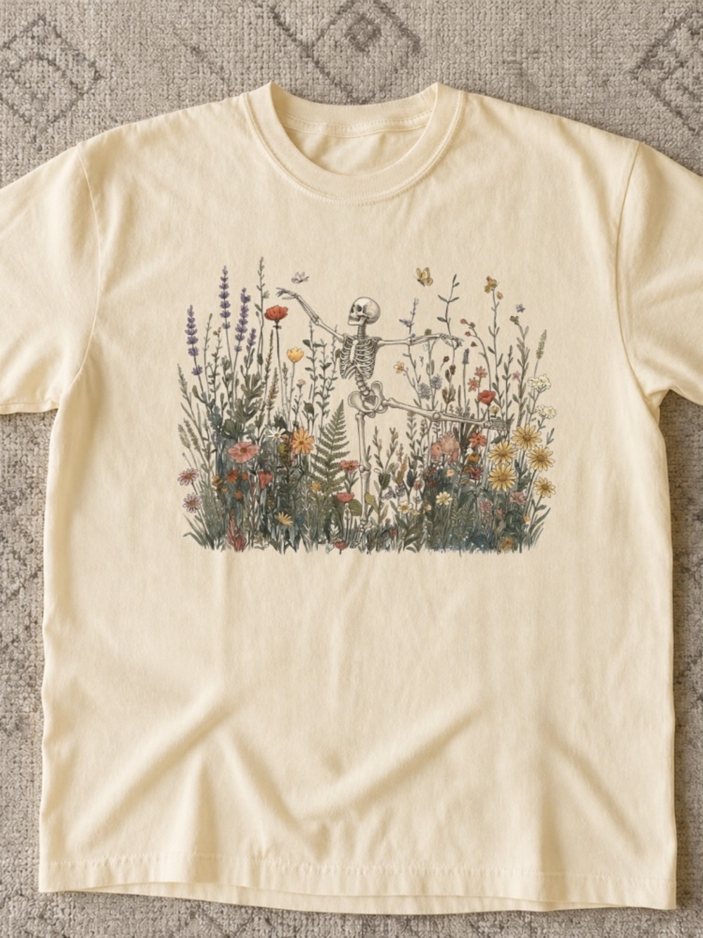 Skeleton Dancing In Nature Graphic Floral Print Tee